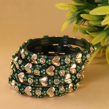 Glass Bangles Kada Set With Kundan & Zircon Stone Work - Pack of 4