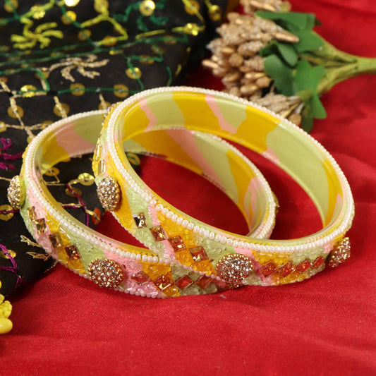 L.Multi Floral Embossed Pattern with Square Stone Kada- Set of 2