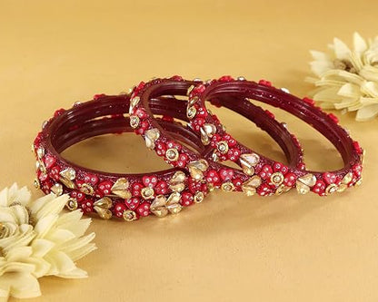 Glass Bangles Kada Set With Kundan & Zircon Stone Work - Pack of 4