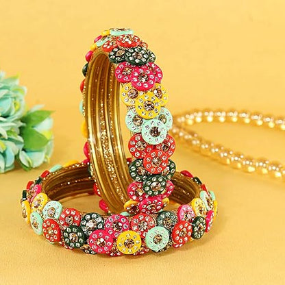 Glass Bangles Kada with Golden Zircon Stone & Multicolour Beads - Pack of 2