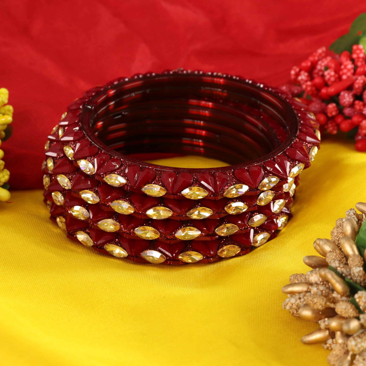 Maroon Sparkling stone detailing, and elegant golden Kada - Set Of 4