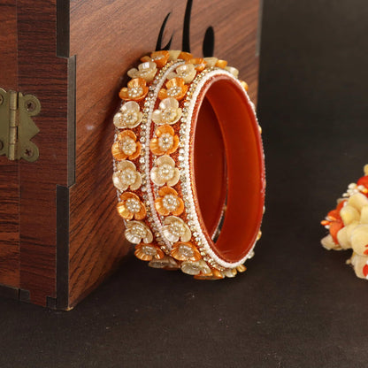Orange Premium Floral Pearl Studded Kada Set - Set of 2