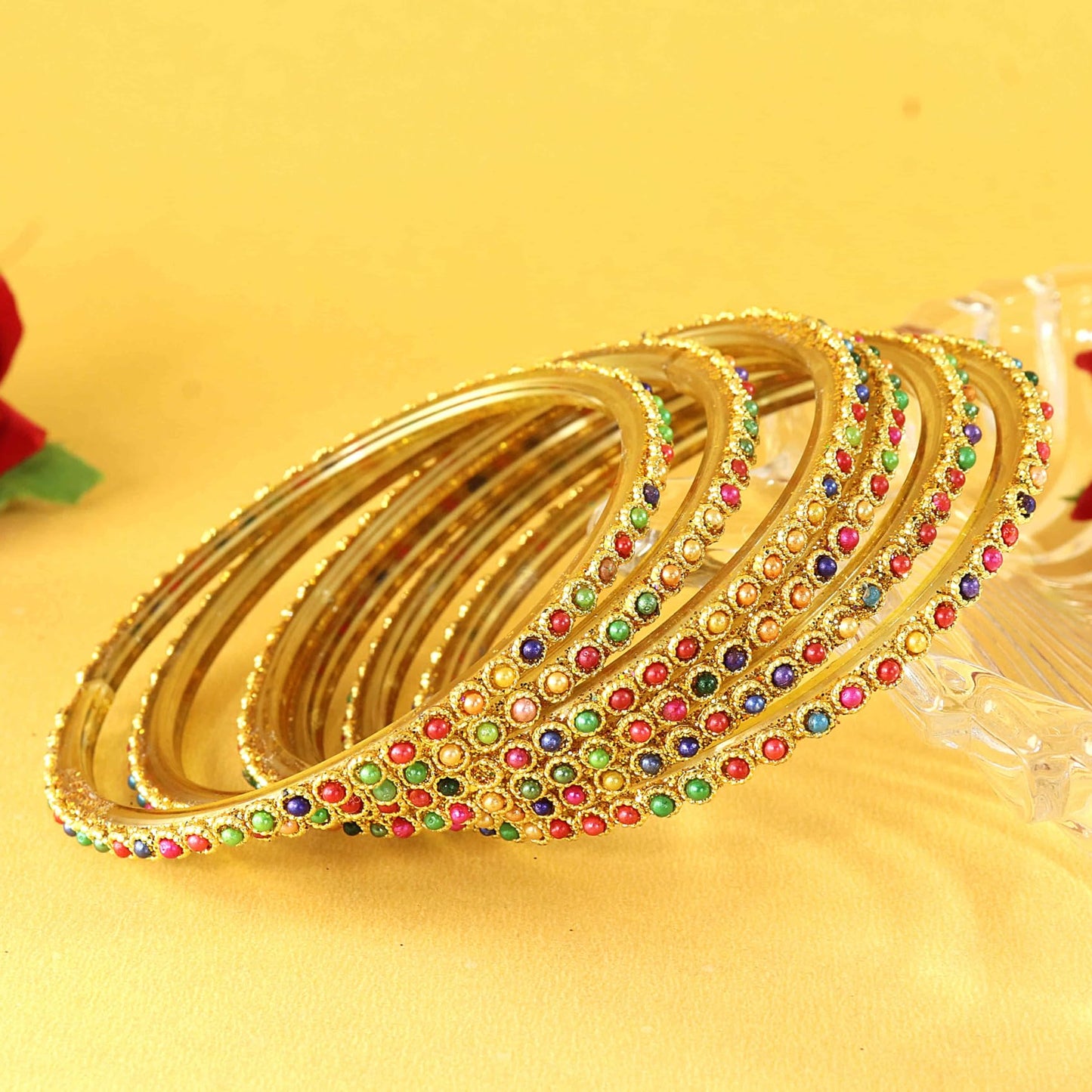Royal Multicolor Glass Bangles with Golden Accents | Pack of 12