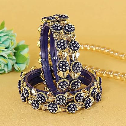 Blue Glass Bangles Kundan & Zircon Stone Bangle- Pack of 4