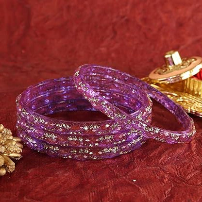 Gemstone Glass Bangles Crystal Kada Ethnic-Set Of 4