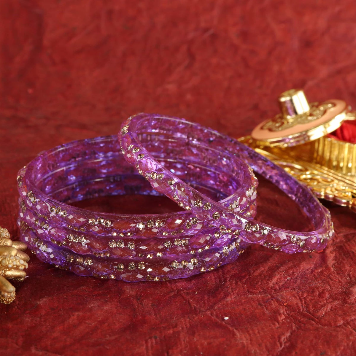 Lavender Glass Bangles Set with Crystal Stone Work - Set of 4