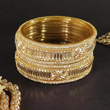 Mirror Gold Glass Bangles  With Crystal-Zircon Stone & Beads - Pack of 6