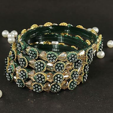 Green Glass Bangle Kundan & Zircon Stone Bangle- Pack of 4