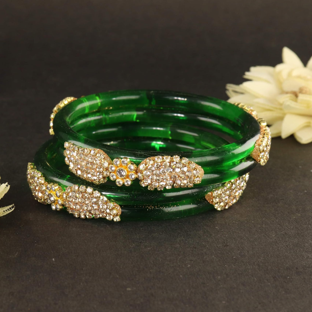 DarkGreen Glass Bangle with Gold-Tone Rhinestone Kada -Set Of 2