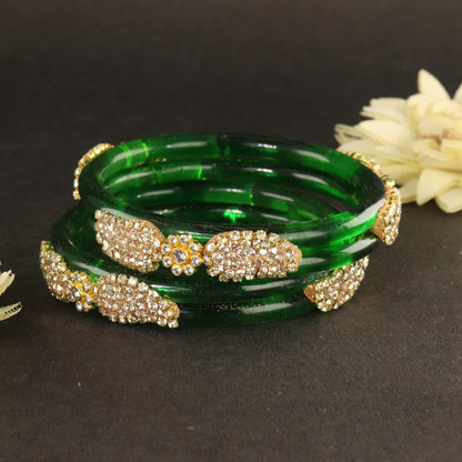 DarkGreen Glass Bangle with Gold-Tone Rhinestone Kada -Set Of 2