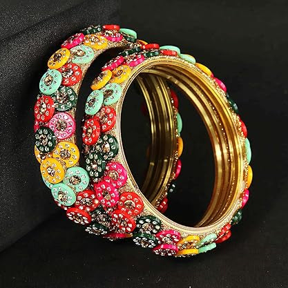 Glass Bangles Kada with Golden Zircon Stone & Multicolour Beads - Pack of 2