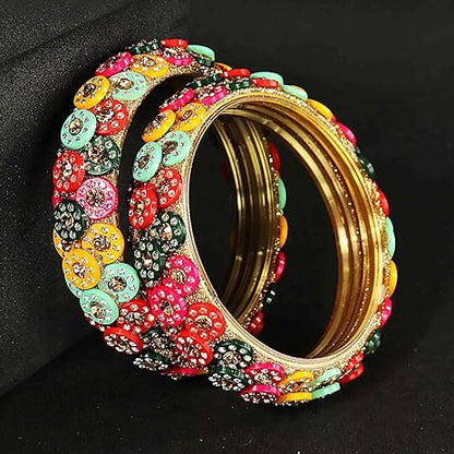 Multicolour Glass Kada Bangles for Women & Girls | Floral Stone Work Designer Bangles | Set of 2