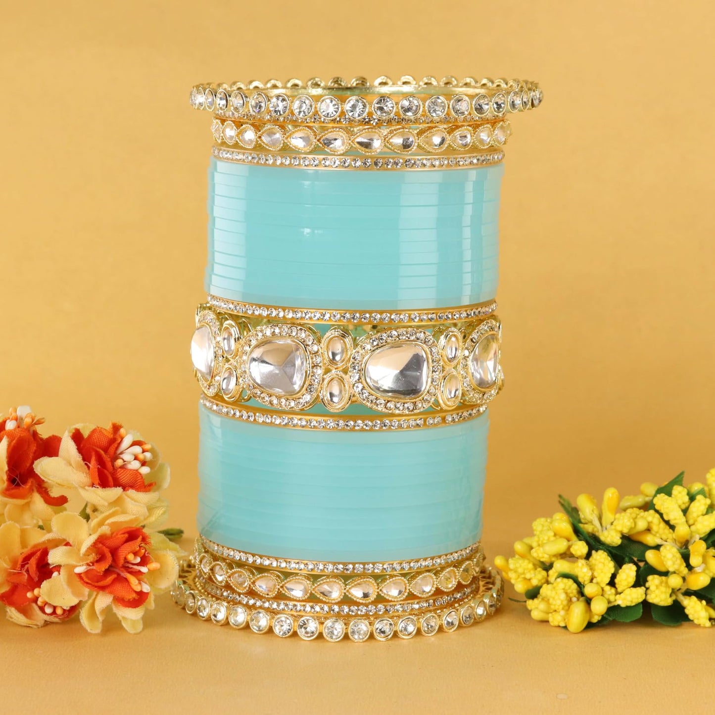 Bridal SkyBlue Metal Gold Chuda Set | Traditional Wedding Bangles for Women | Set of 70