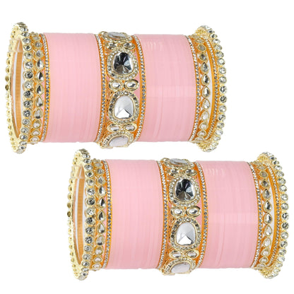 Bridal Pink Metal Gold Chuda Set | Traditional Wedding Bangles for Women | Set of 70