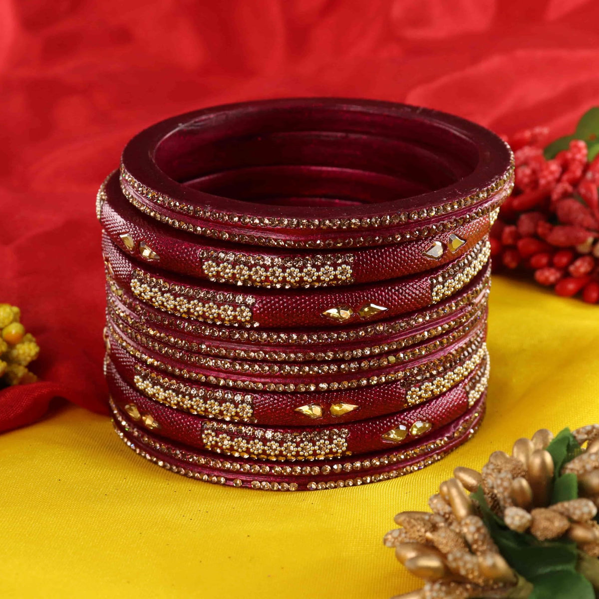 Maroon Stone Studded  Embellished Traditional Bangles - Set of 8