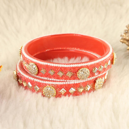 Orange Floral Embossed Pattern with Square Stone Kada- Set of 2