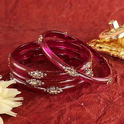 Glass Bangles set With Golden Crystal-Zircon Stone & Floral Work- Pack of 4