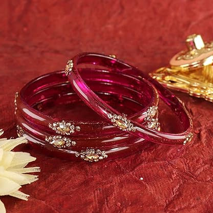 Glass Bangles set With Golden Crystal-Zircon Stone & Floral Work- Pack of 4