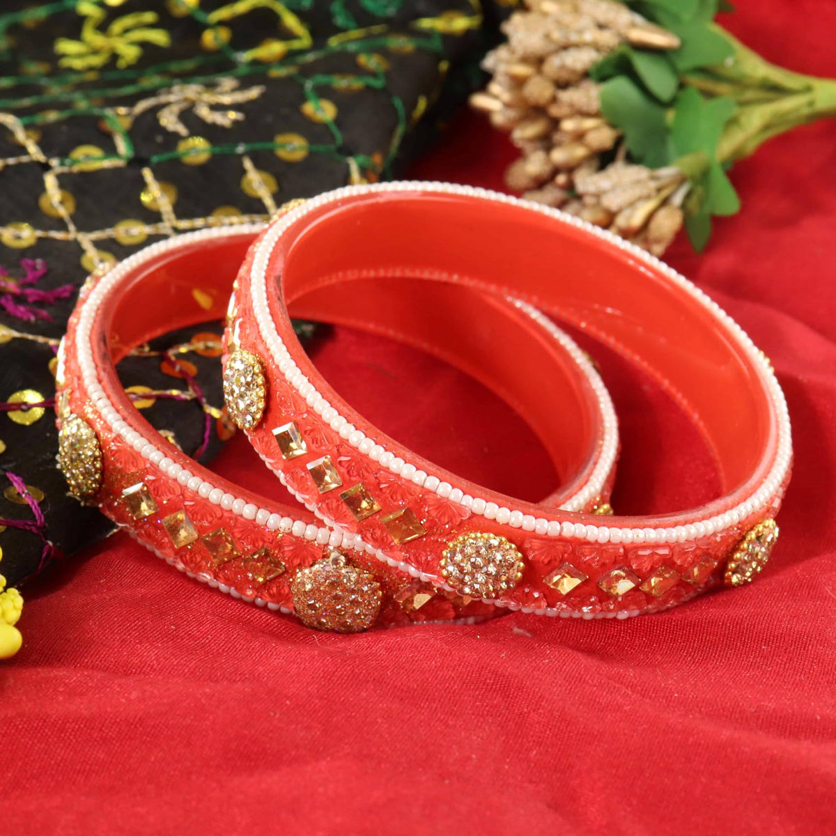 Orange Floral Embossed Pattern with Square Stone Kada- Set of 2