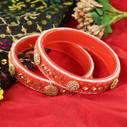 Orange Floral Embossed Pattern with Square Stone Kada- Set of 2