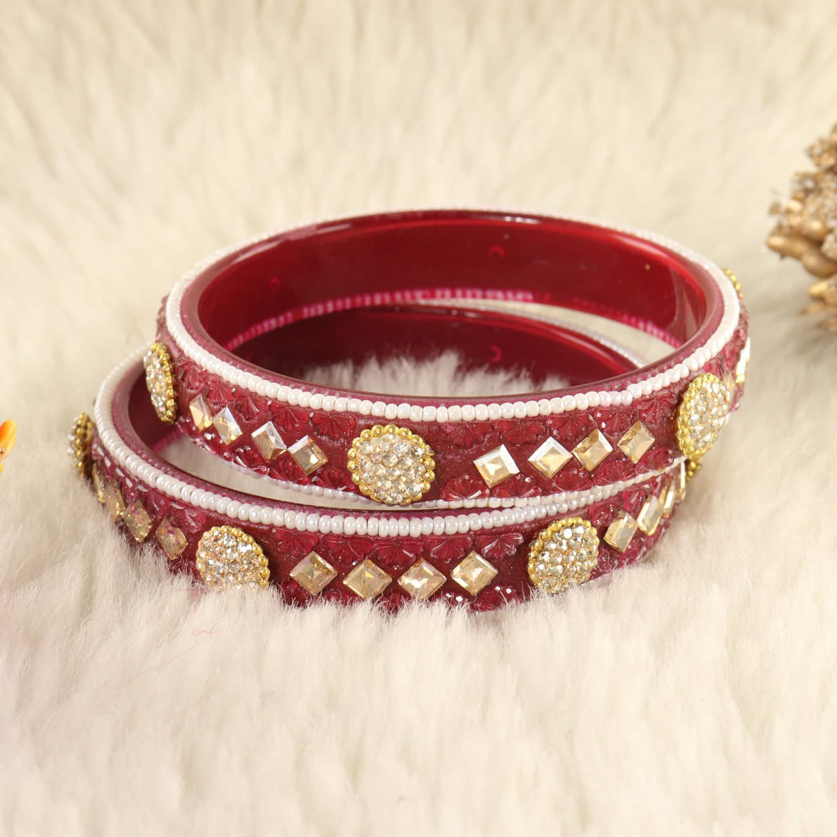 Maroon Floral Embossed Pattern with Square Stone Kada- Set of 2