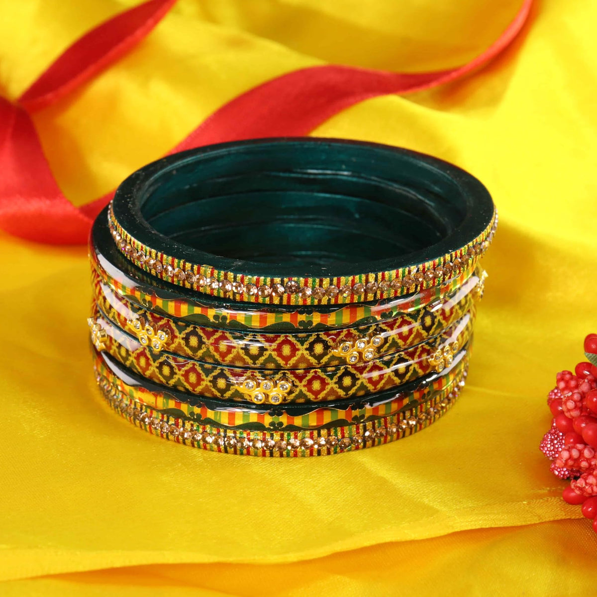 KaiGreen Gold-Tone Embellished Traditional Bangles - Set of 12