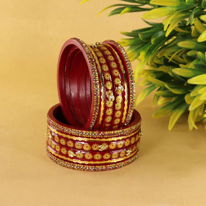 Red Designer Bridal Gold Floral & Stone Bangle Set - Pack Of 12