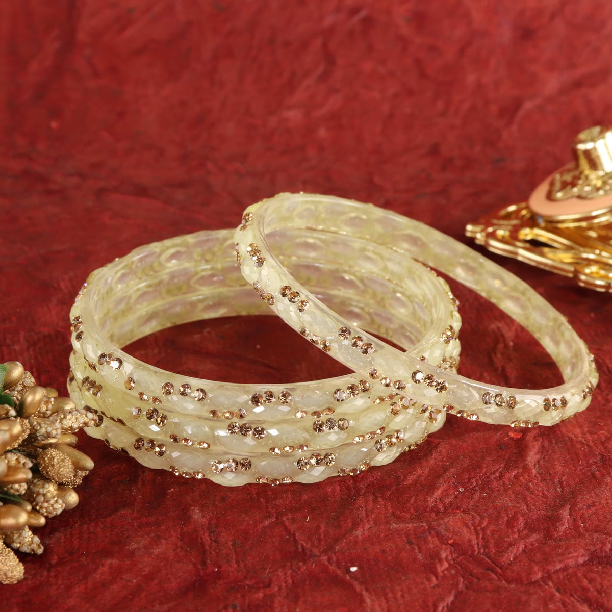 Cream Glass Bangles Set with Crystal Stone Work - Set of 4