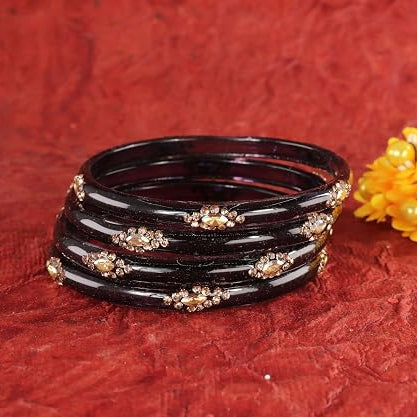 Glass Bangles set With Golden Crystal-Zircon Stone & Floral Work- Pack of 4
