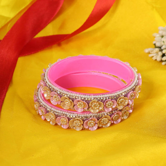 Pink Premium Floral Pearl Studded Kada Set - Set of 2