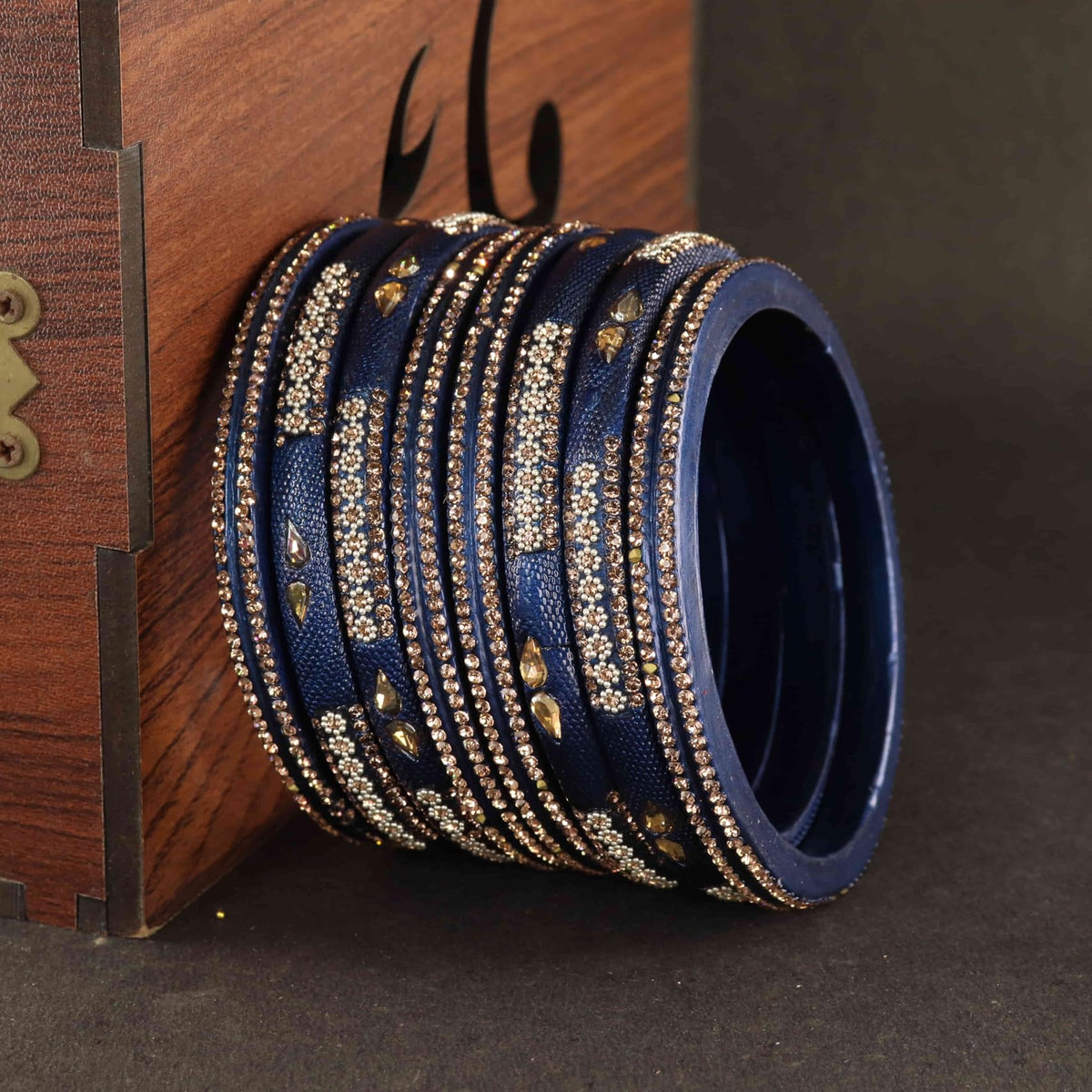 DarkBlue Stone Studded  Embellished Traditional Bangles - Set of 8