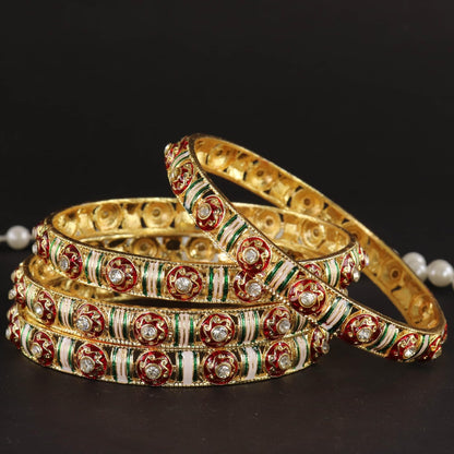 Golden Metal Kada Bangles with Red & Green Enamel Floral Design – Pack of 4