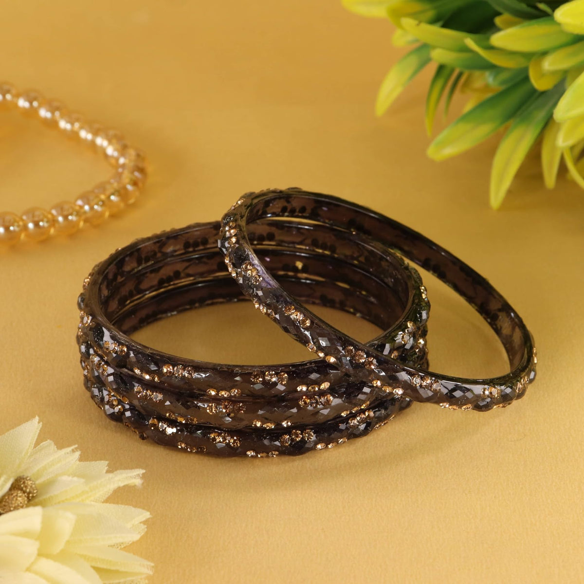 Black Glass Bangles Set with Crystal Stone Work - Set of 4