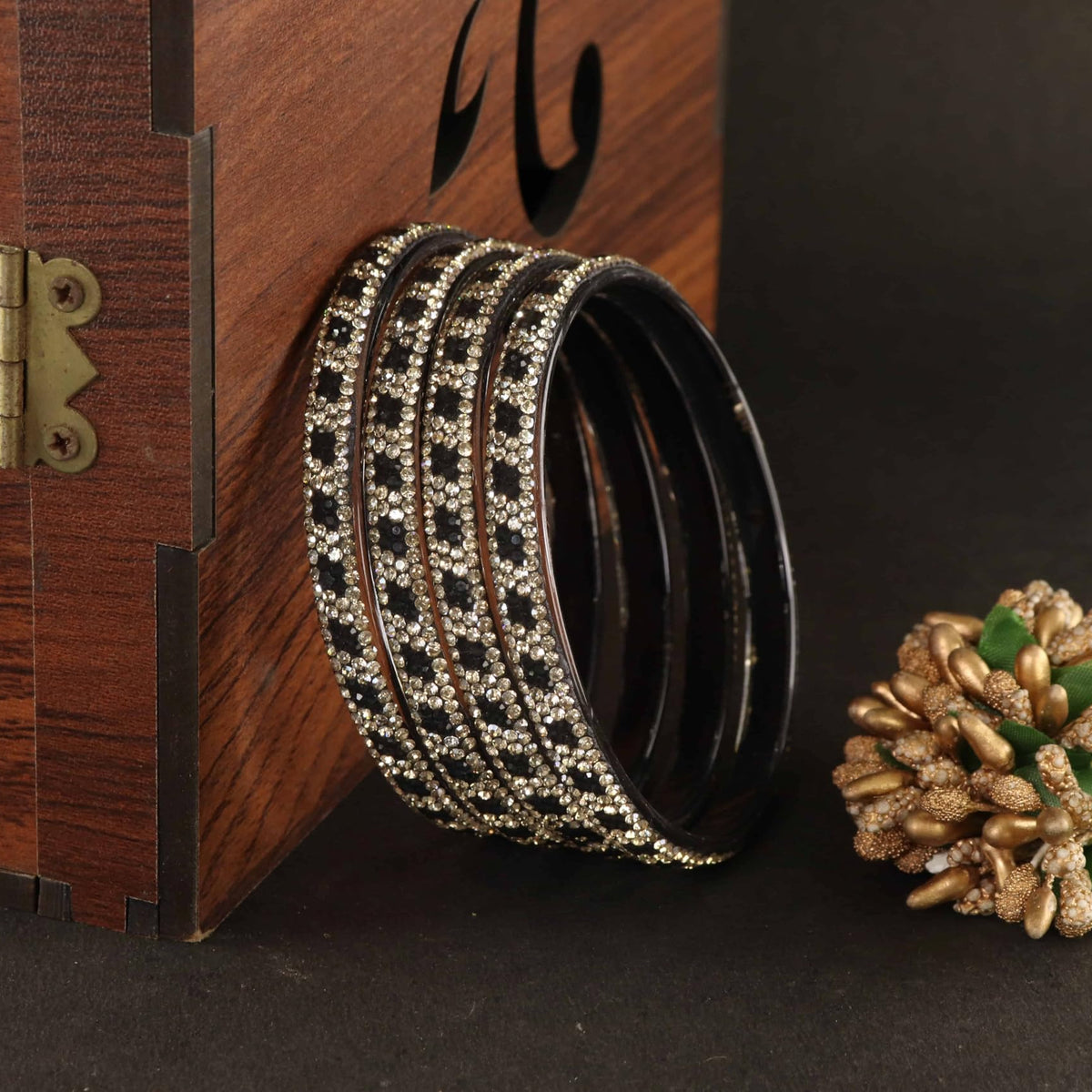 Black Premium Stone Studded Kada Set - Set of 4