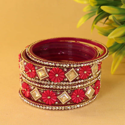 magenta Premium Designer Kundan Stone Floral Kada- Set of 6
