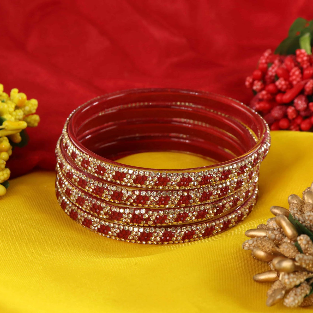 Maroon Premium Stone Studded Kada Set - Set of 4