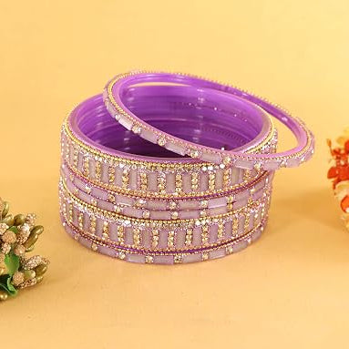 Glass Bangles Kada Set  With Zircon Stone Work - Pack of 6