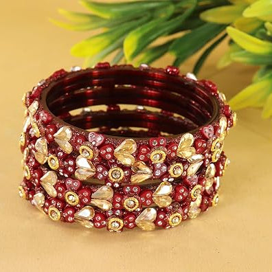 Glass Bangles Kada Set With Kundan & Zircon Stones Work- Pack of 4