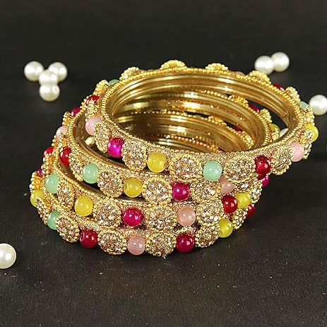 Goldren Glass Bangles Set With Zircon Stone And Kundan Work- Pack of 4