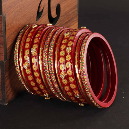 Red Designer Bridal Gold Floral & Stone Bangle Set - Pack Of 12
