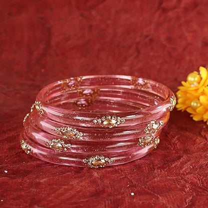 Glass Bangles Set With Crystal-Zircon Stone & Floral Work- Pack of  4