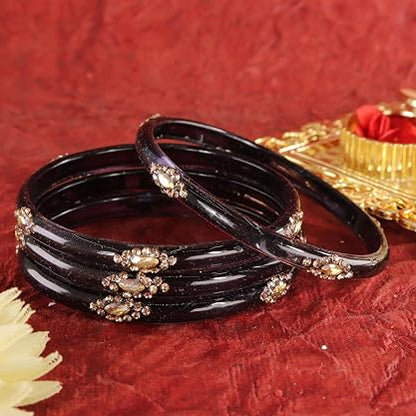 Glass Bangles set With Golden Crystal-Zircon Stone & Floral Work- Pack of 4