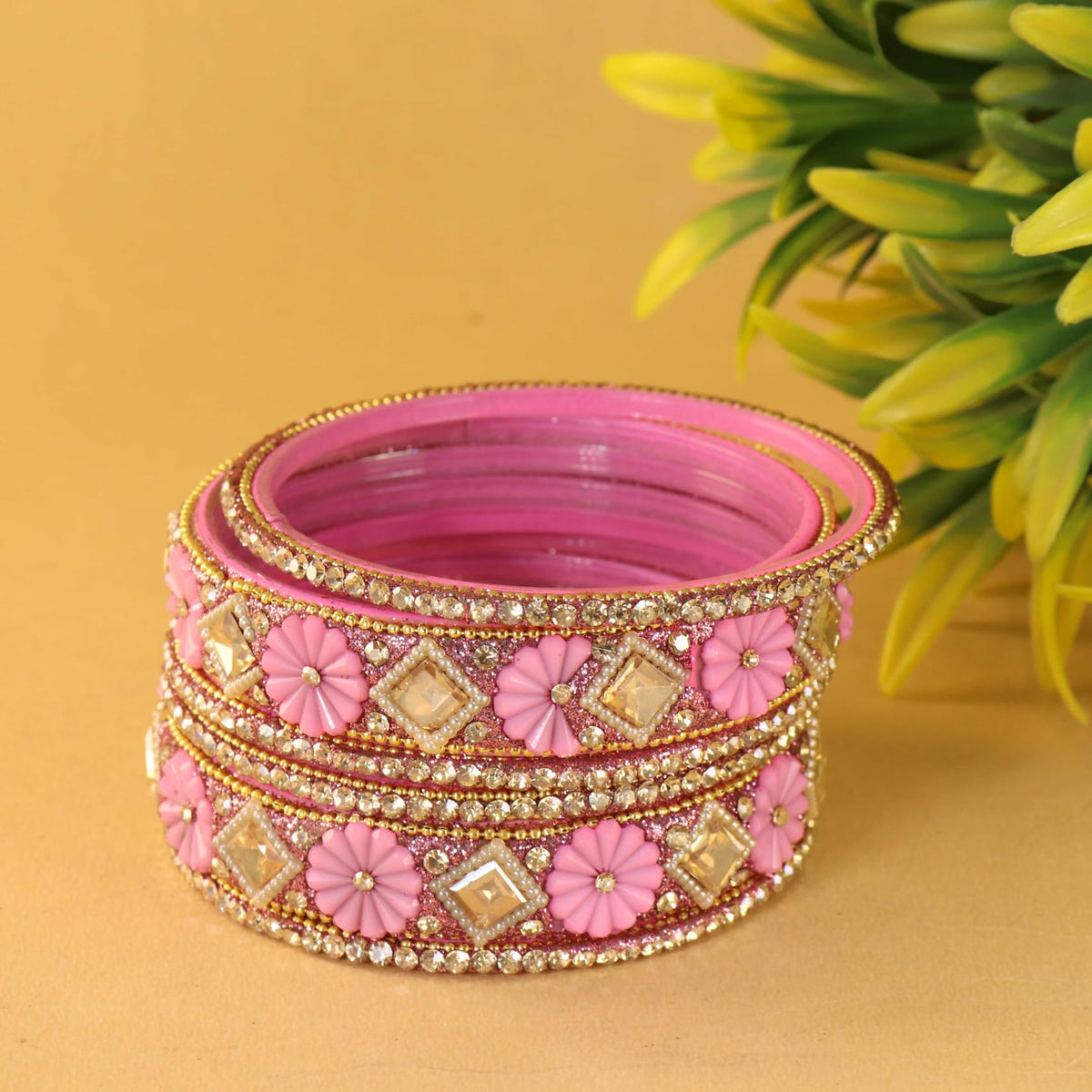Pink Premium Designer Kundan Stone Floral Kada- Set of 6
