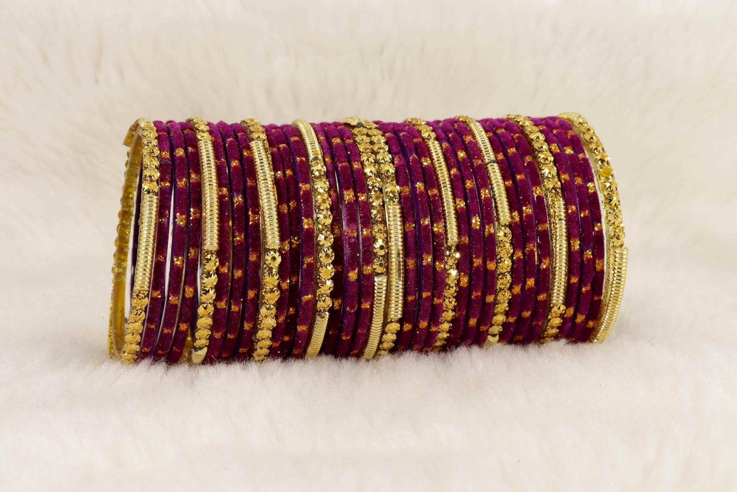 Fancy Red Velvet Glass Bangles with Golden Beads & Polka Dots (Set of 34)