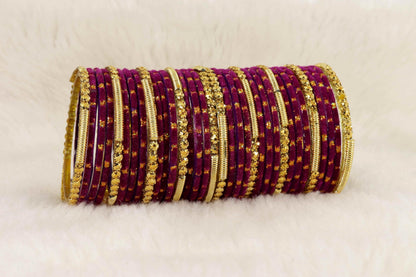 Fancy Red Velvet Glass Bangles with Golden Beads & Polka Dots (Set of 34)