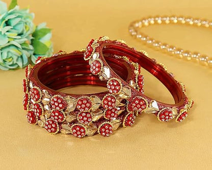 Red Glass Bangles Set With Zircon Stone And Kundan Work- Pack of 4