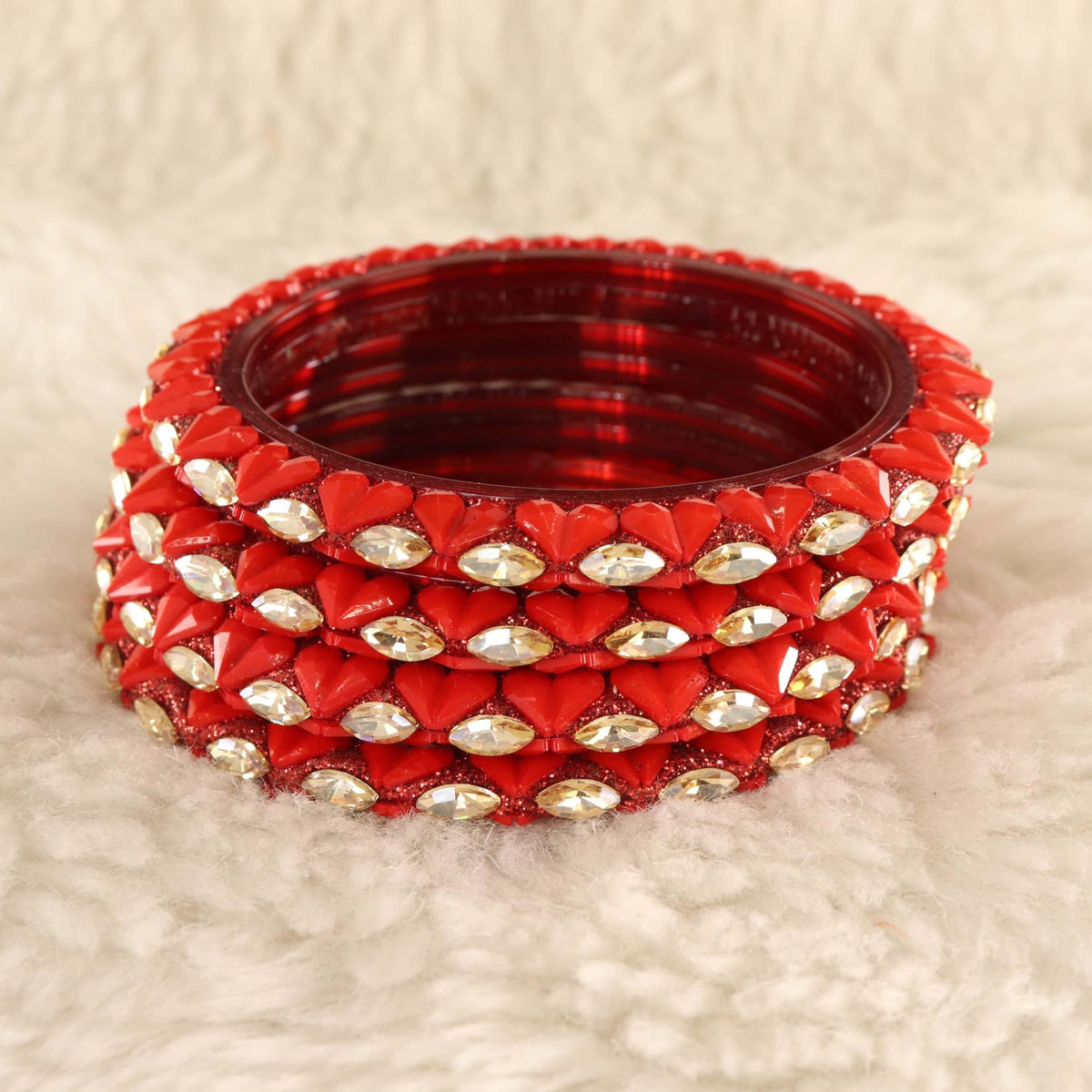 Red Sparkling stone detailing, and elegant golden Kada - Set Of 4
