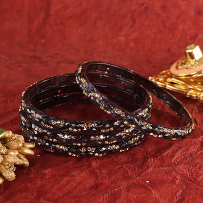 Black Glass Bangles Set with Crystal Stone Work - Set of 4