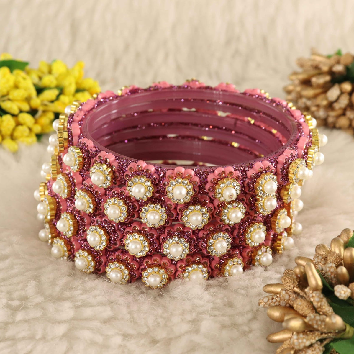 Pink Gold-Tone Kundan & Pearl Stone Work - Set of 4