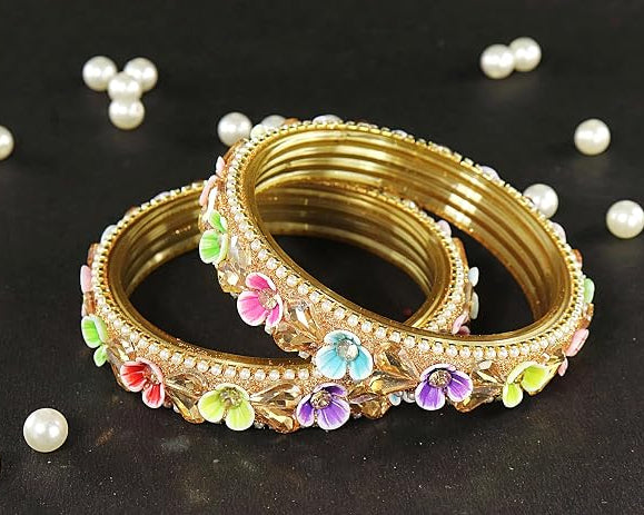 Floral Stone Work Glass Bangles & Gold Plated Multicolor Flower- Pack of 2